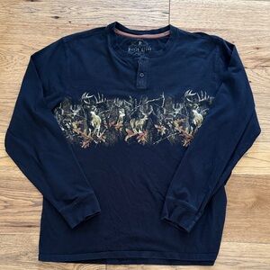 😊North River Men's Black Long-Sleeve Henley Shirt with Deer Graphic